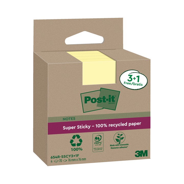 Blocco foglietti Post-it SuperSticky Green - 654R-SSCY3+1 - 76 x 76 mm - carta riciclata - giallo Canary - 70 fogli - Post-it - 