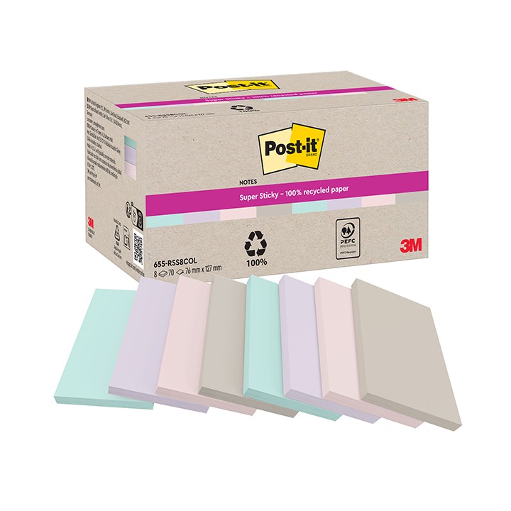 Blocco foglietti Post-it SuperSticky - 622R-SS8COL - 75 x 127 mm - carta riciclata - assortiti - 70 fogli - Post-it - conf. 8 bl