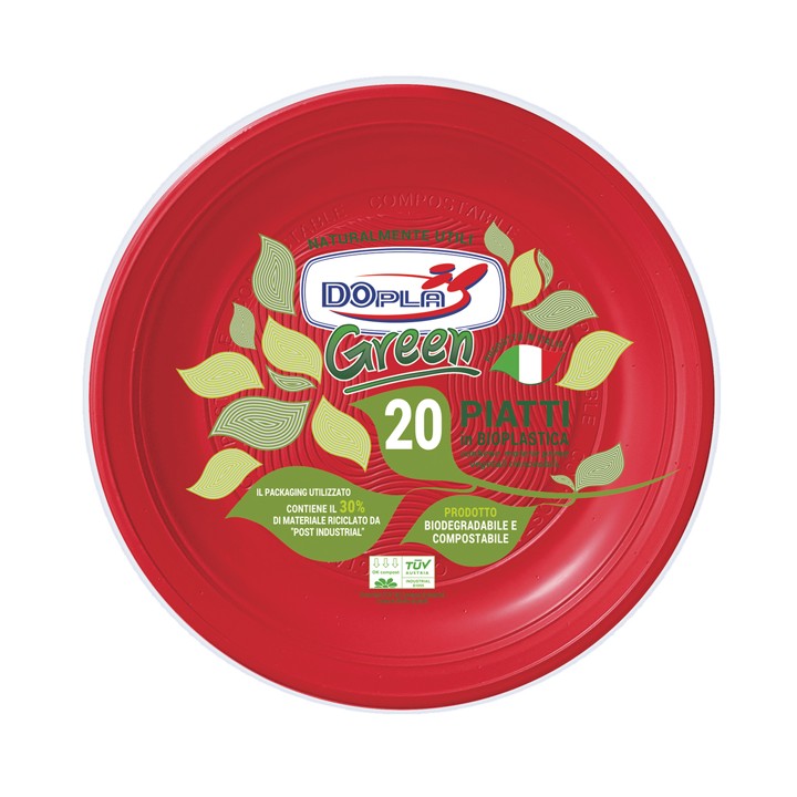 Piatto piano - compostabile - diametro 22 cm - rosso - Dopla - conf. 20 pezzi