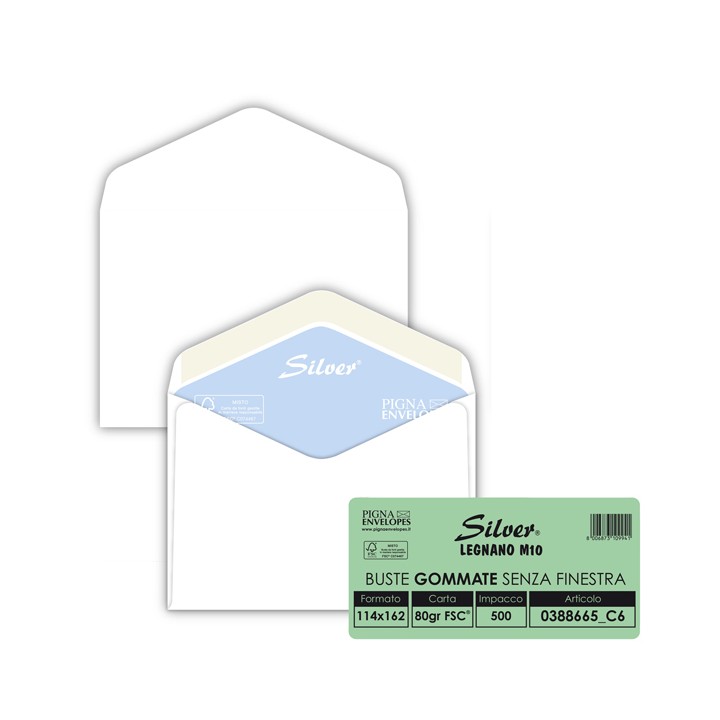 Busta Busta Silver FSC - senza finestra - gommata - 11,4 x 16,2 cm - 80 gr - bianco - Pigna Envelopes - conf. 500 pezzi